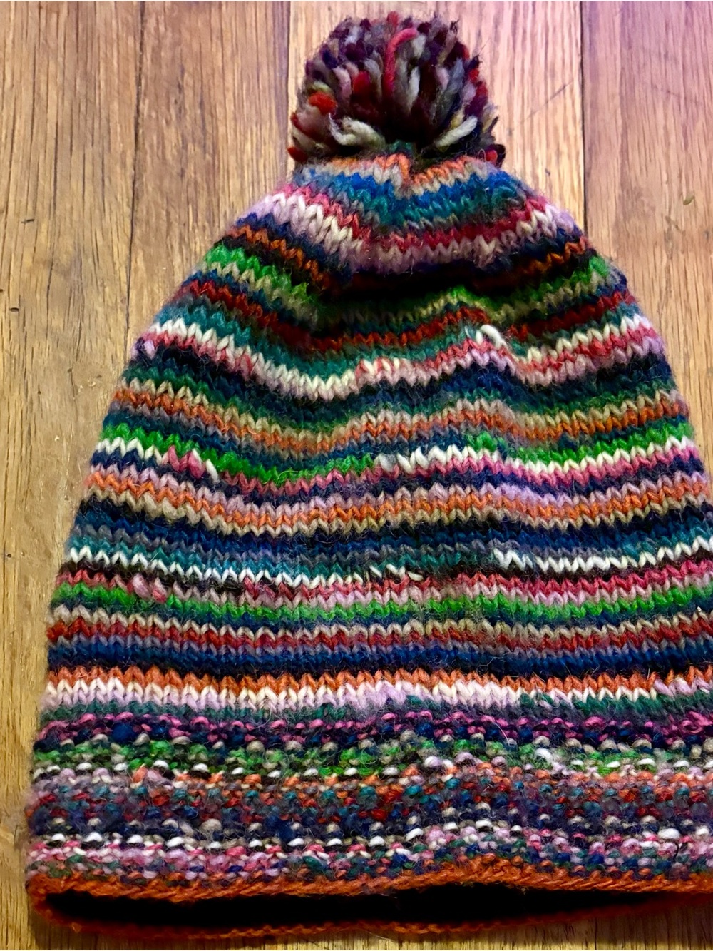 Serrv 100% Wool Multicolor Striped Knit Pom-Pom Winter Hat